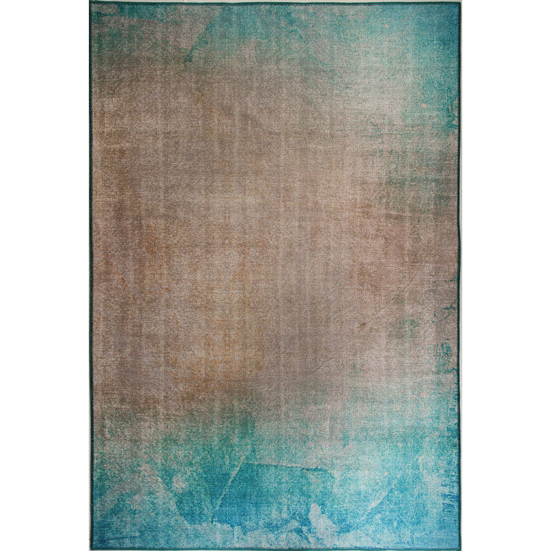 Tapis turquoise / beige Paquette, Rectangle 7 pi 7 po x 10 pi 10 po