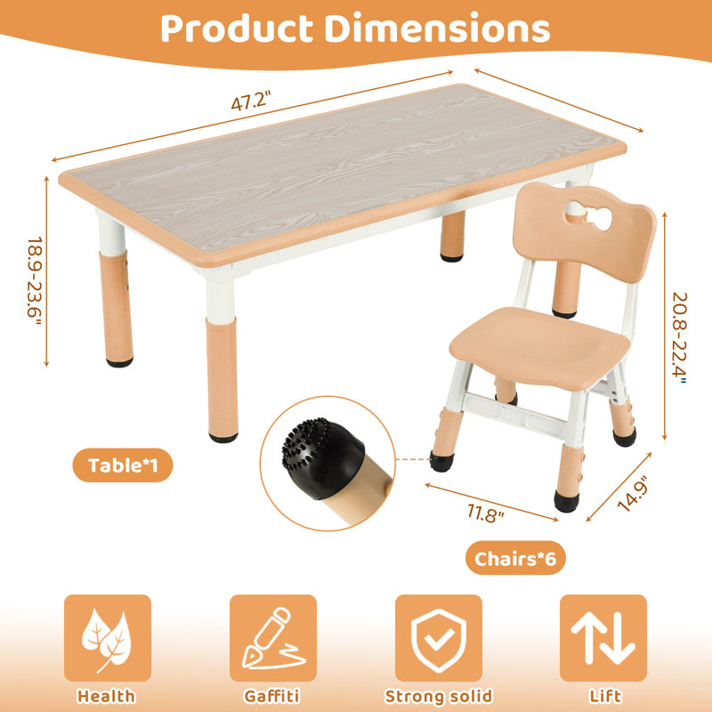 Ensemble de table pour enfants et 6 chaises, bureau de graffiti à hauteur réglable, table d'activités pour enfants d'âge préscolaire, pour les garçons et les filles de 3 à 12 ans (beige)