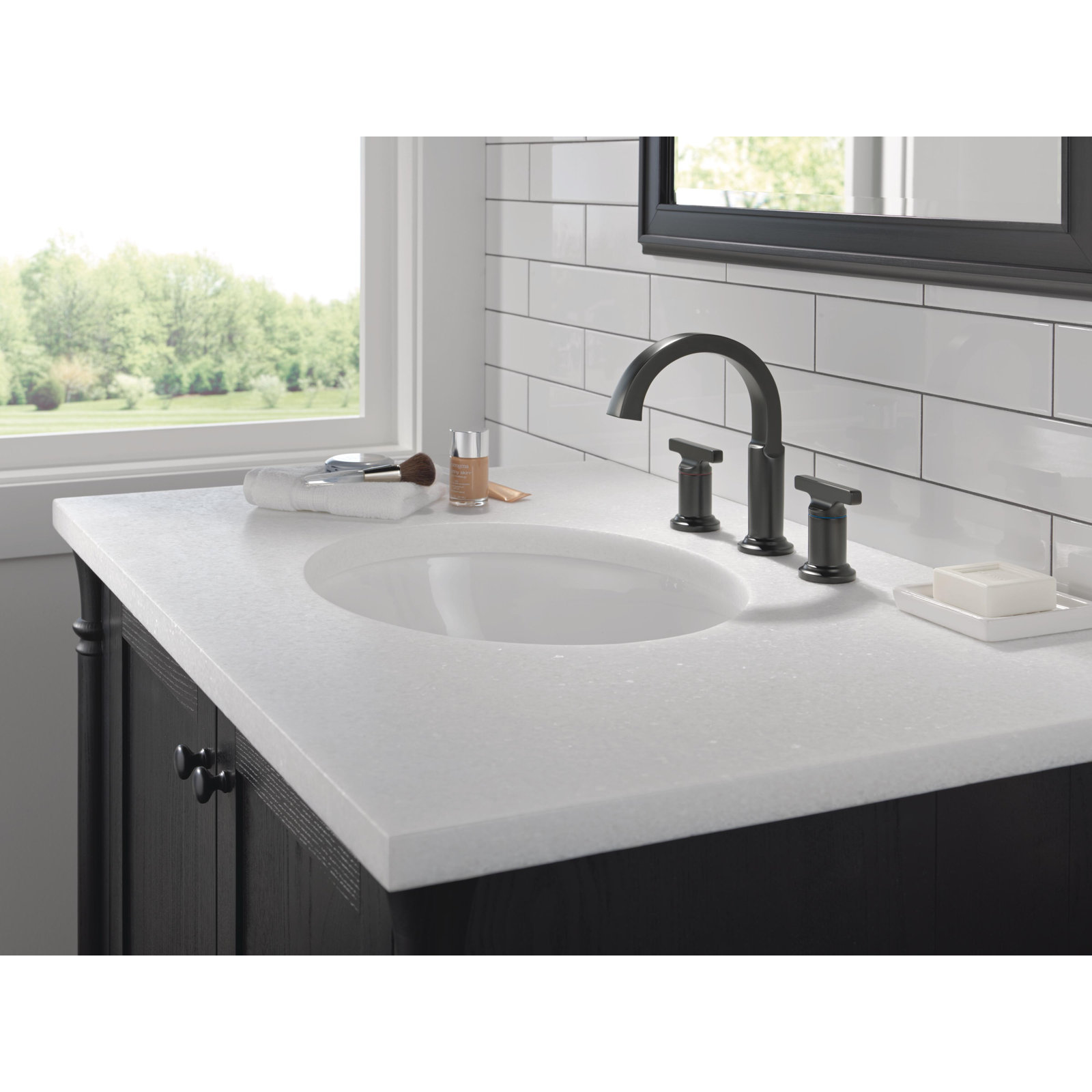 Tetra Widespread Bathroom Faucet with Drain, Matte Black