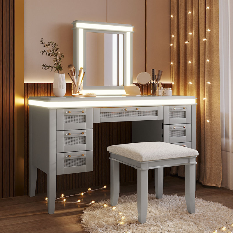 Vanity Desk With Mirror And Lights, Makeup Vanity With 7 Drawers And Cushioned Stool, Classic Finish Dressing Table For Bedroom
