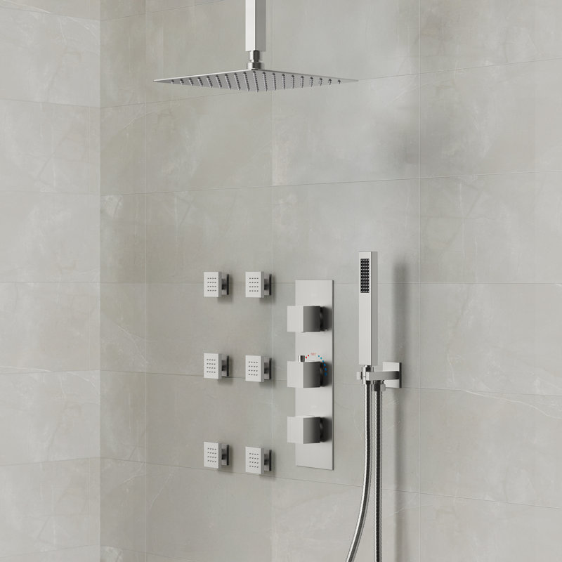 Thermostatic Rainfall Shower System 12" High-Pressure Shower Head with Rough-in Valve, Brushed Nickel