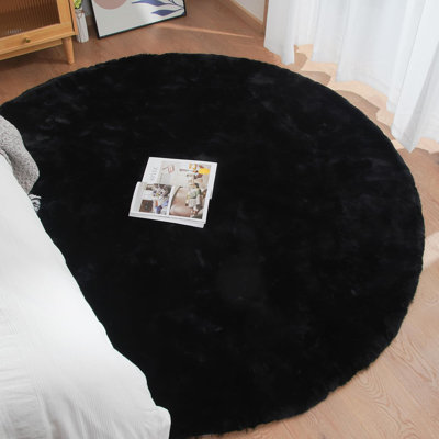 Black Faux Rabbit Fur Round Rug 6Ft - Washable Fluffy Area Rug For Bedroom Living Room Teen Room