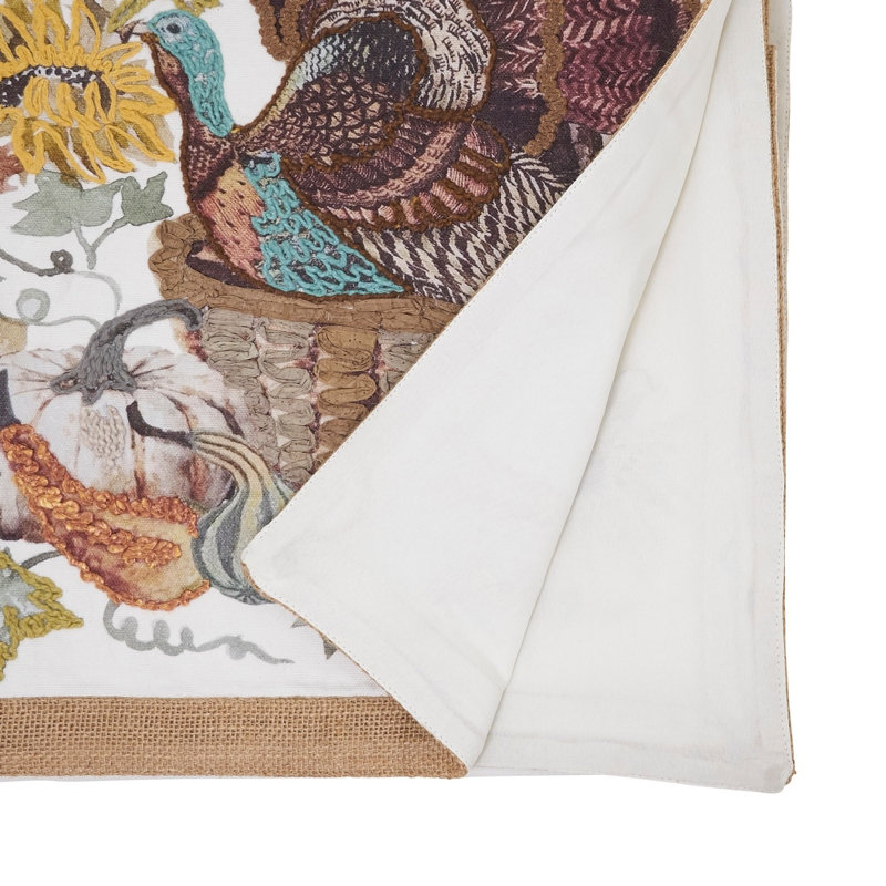 Fall Embroidered Turkey, Foilage And Sunflower Cotton Table Runner 16 X 72 Inch
