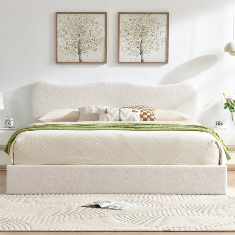 Lit plateforme tapissier Bensu Boucle, Très grand, Blanc