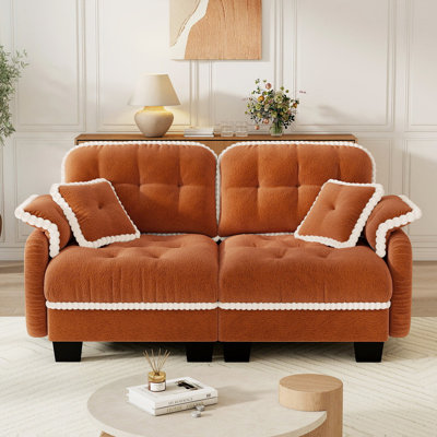 Chenille Cloud Loveseat Sofa with Pillows and Pom-Pom Trim, Orange