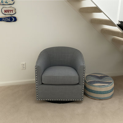 Swivel Barrel Accent Chair, Upholstered Armchair with Nailhead Trim and Wood Frame