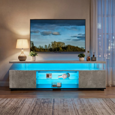 Meuble télé pour téléviseur de 55 pouces, centre de divertissement de jeu à DEL avec grand meuble latéral, gris et noir