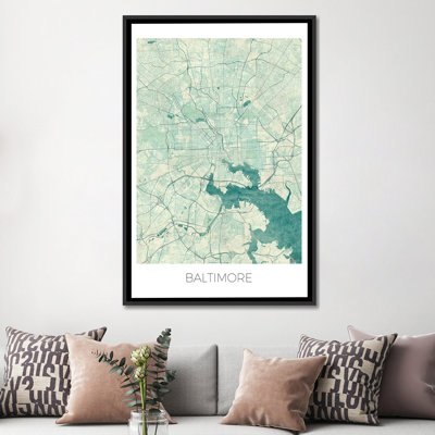 «Baltimore Vintage Blue Watercolor Urban Blueprint Map», reproduction d'impression sur toile