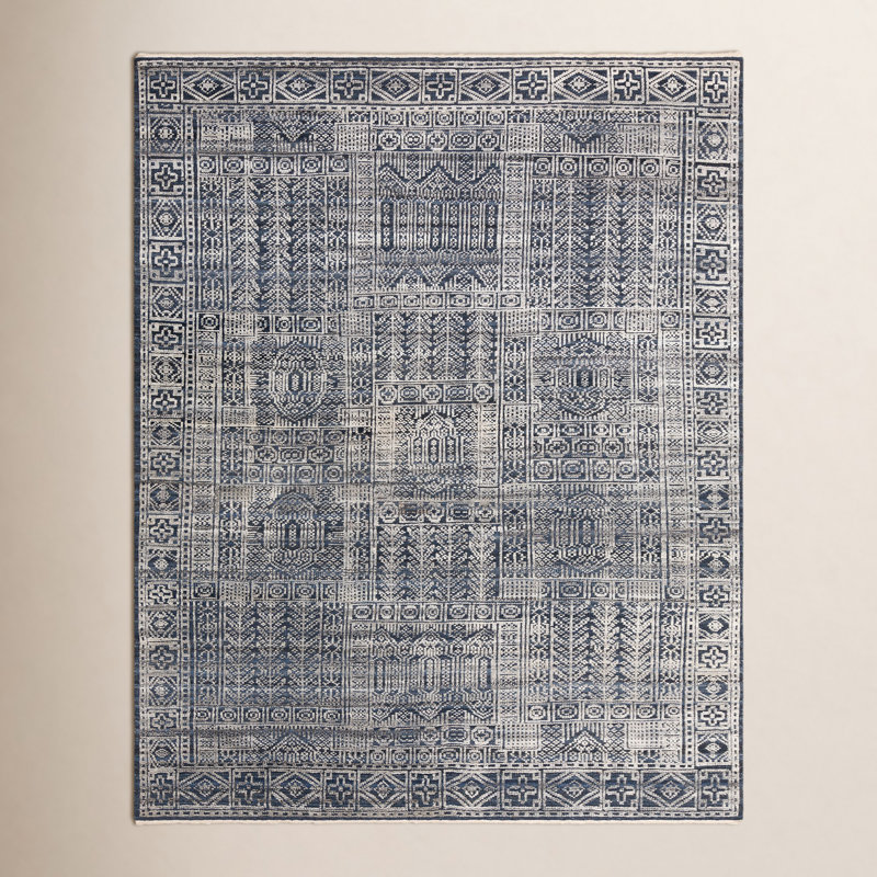 Tapis traditionnel bleu foncé / encre / argenté Indrakumar, Rectangle 10 pi x 14 pi