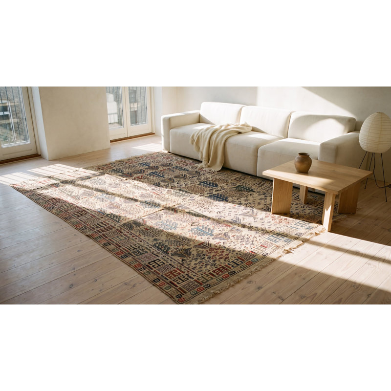 Ivory Color Antique Square Shape Tribal Geometric Caucasian Verneh Kilim Flatwoven Rug