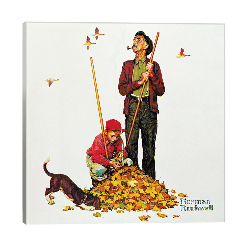 Grandpa And Me: Raking Leaves by Norman Rockwell - Wrapped Canvas Painting, 45.72 cm H x 45.72 cm W x 3.175 cm D