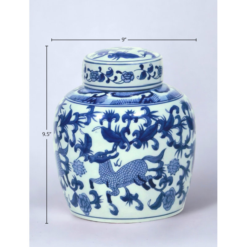 9" Porcelain Ginger Jar with Chinoiserie Deer Design, Blue