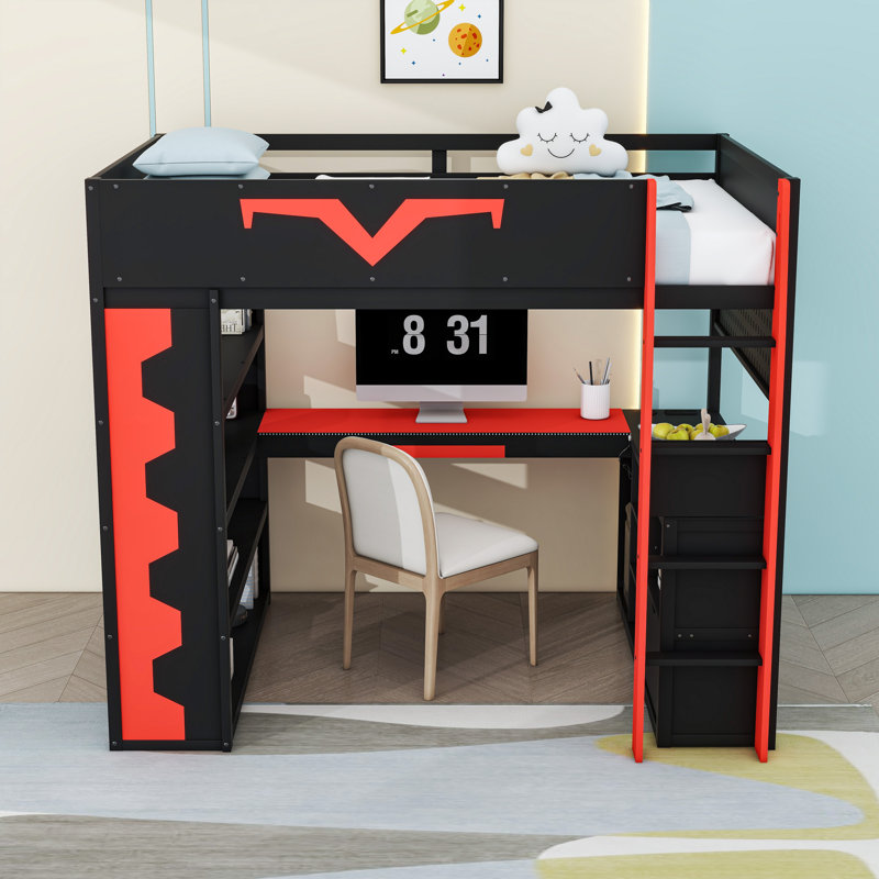 Lit mezzanine double en bois avec bureau intégré, tablettes et tiroir, Noir / Rouge