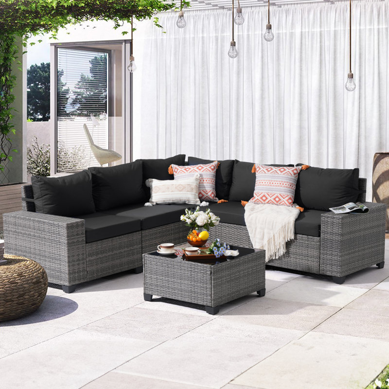 5 - Person Outdoor Rattan Seating Group With Cushions, No, Black