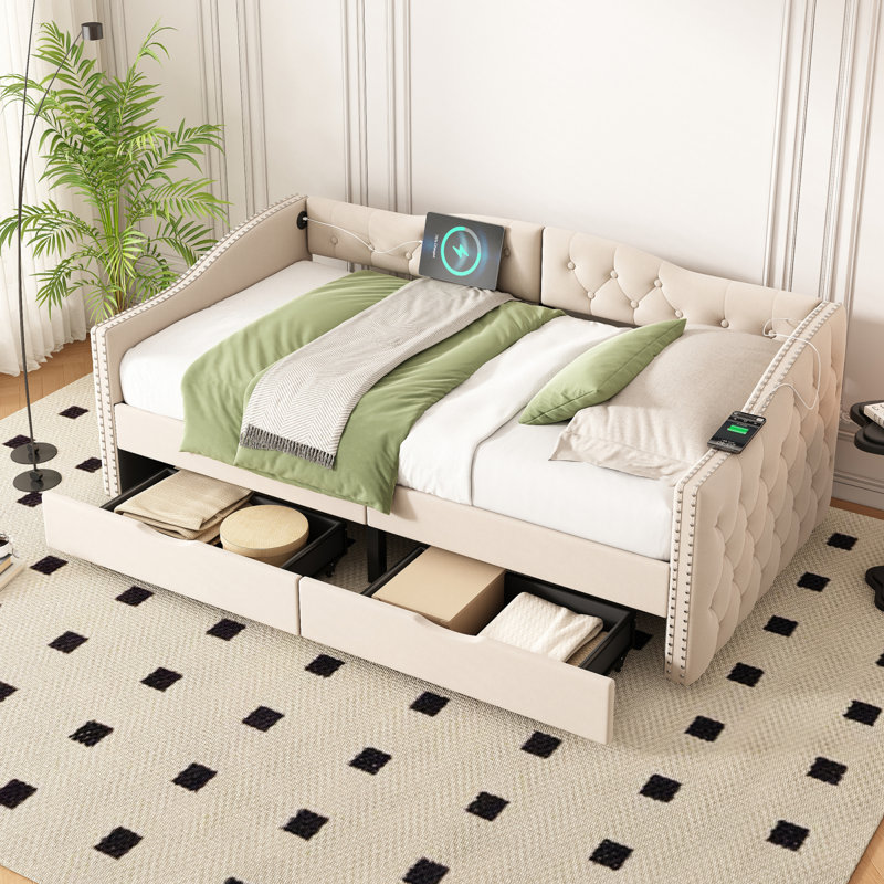 Daybed With 2 Trundle Storage Drawers, Upholstered Wood Daybed Twin Size, Beige