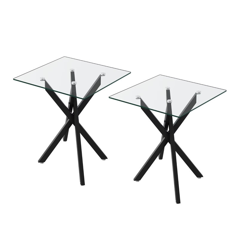 Cheralyn 17.72" Square Glass End Table Set with Cross Metal Legs, Modern Side Table for Living Room, 2 Piece, Black