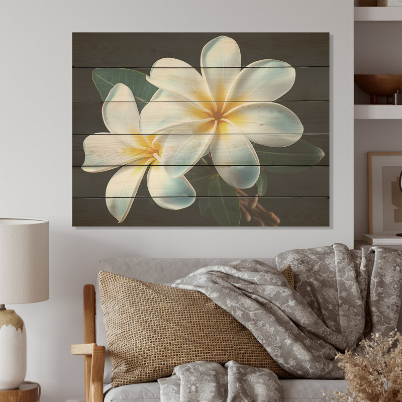 Plumeria charmante élégance I - Plumeria, art sur bois de pin naturel, H 10 po x l 20 po