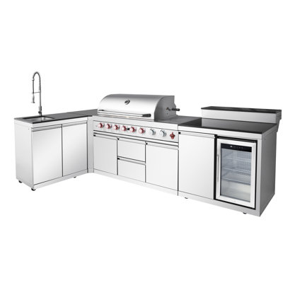 Îlot de cuisine pour barbecue à 6 brûleurs en acier inoxydable 99000 avec évier, armoire de rangement, réfrigérateur, brûleur arrière en coin, couvercles latéraux, rangement pour porte double au gaz Rust 304, trois niveaux