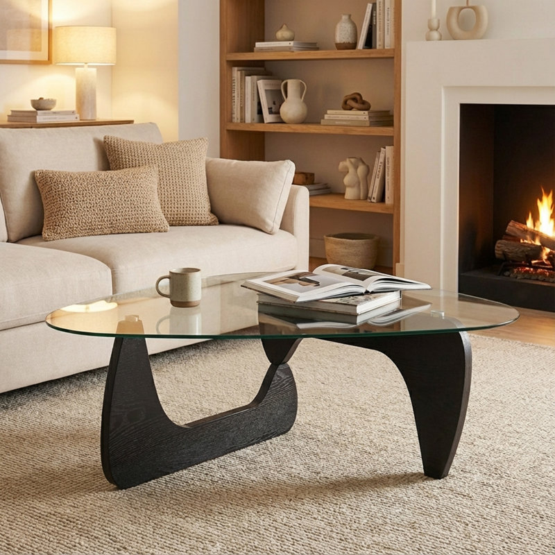 Table basse moderne en verre 16,5 po H avec base en bois massif, Transparent/noir, Black