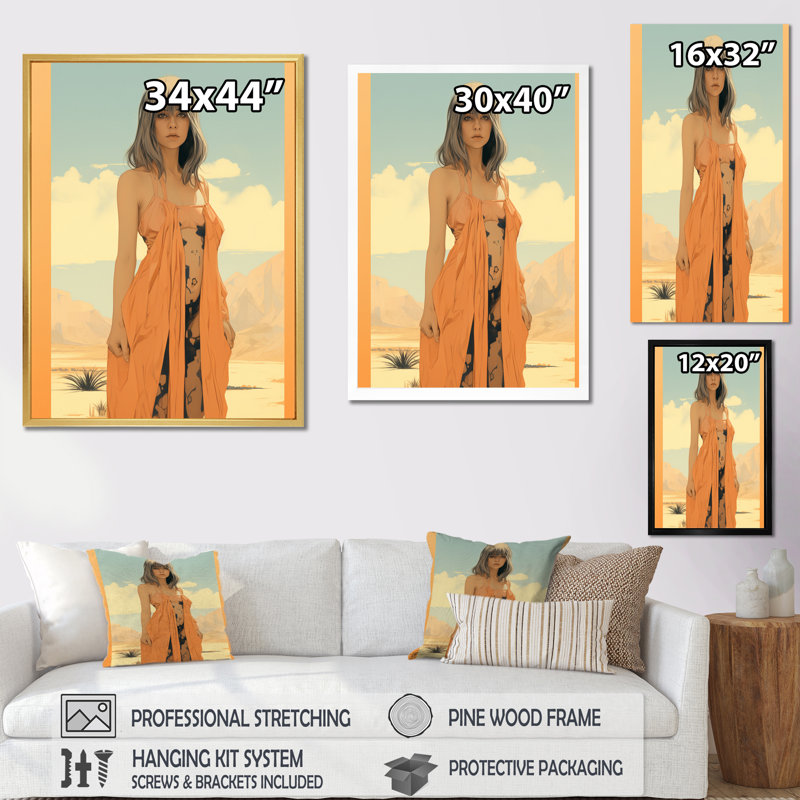 «Retro Desert Queen Illustration I - Fashion Woman», reproduction sur toile, H 20 po x l 12 po x P 1 po, Cadre photo blanc