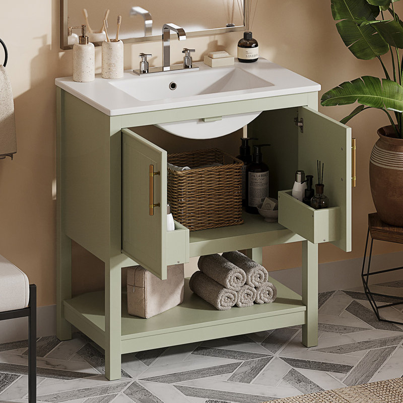 Bathroom Vanity With Ceramic Sink And Versatile Storage, Green