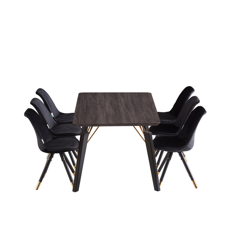 Guillermina 6 Person Dining set - a Rectangular Wooden Dining Table with Metal Legs and a Set of 6 Quilted Velvet Dining Chairs for Dining Room - Modern Dining Table Set