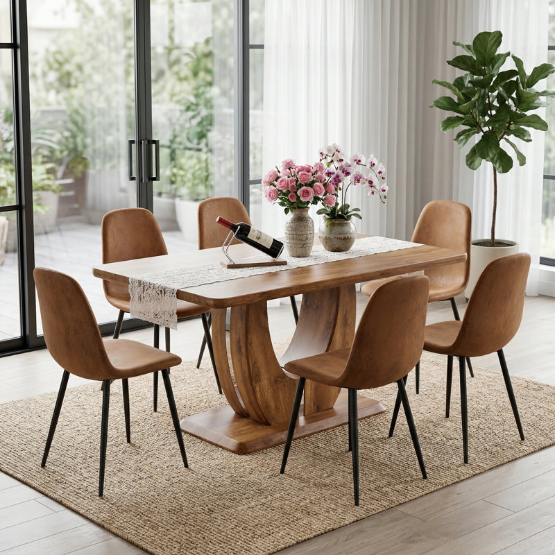 5-Piece Dining Set with U-Shaped Sculptural Pedestal Table and 4 Faux Leather Mid-Century Modern Chairs, Walnut Finish, 7