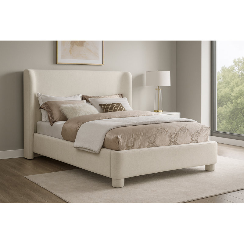Lit à panneau tapissier Hridhaan, Grand, Tissu chenille crème