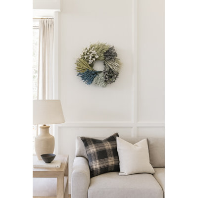 Natural Dried Flower Blue Avena, Lavender, Green and White Herbal Grains Wheel Wreath