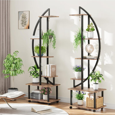 Support pour plante à 6 niveaux en métal, 2 tablettes en forme de demi-lune avec roues amovibles, crochets, grands supports pour plantes
