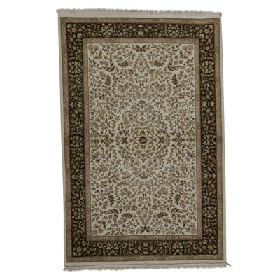 Tapis oriental en laine tissé à la main noir / vert / ivoire Manchuria