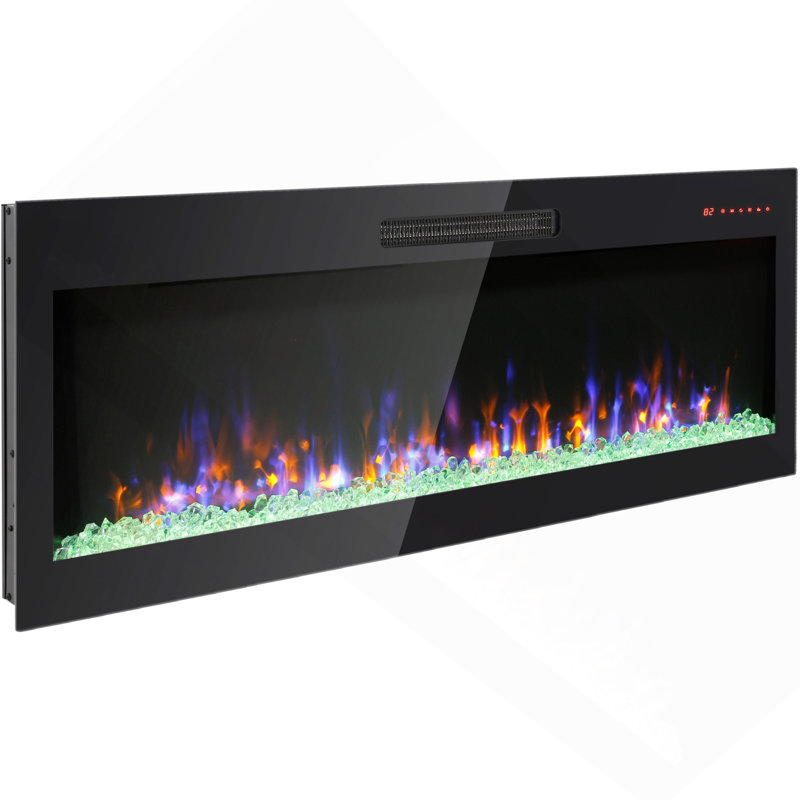 50 Inch Recessed Ultra Thin Tempered Glass Front Wall Mounted Electric Fireplace With Remote And Multi Color Flame & Emberbed, LED Light Heater