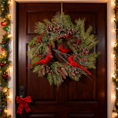 17.7 Inch Christmas Wreaths for Front Door Red Cardinals Christmas Door Wreaths with Pinecone, Red Berries for Xmas Holiday Farmhouse Wall Window Indoor Outdoor Home Decor