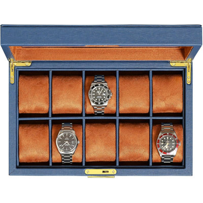 Coffret à montres en cuir à 10 emplacements - Présentoir de luxe pour bijoux - Étui de présentation verrouillable avec grand couvercle en verre (bleu/beige)