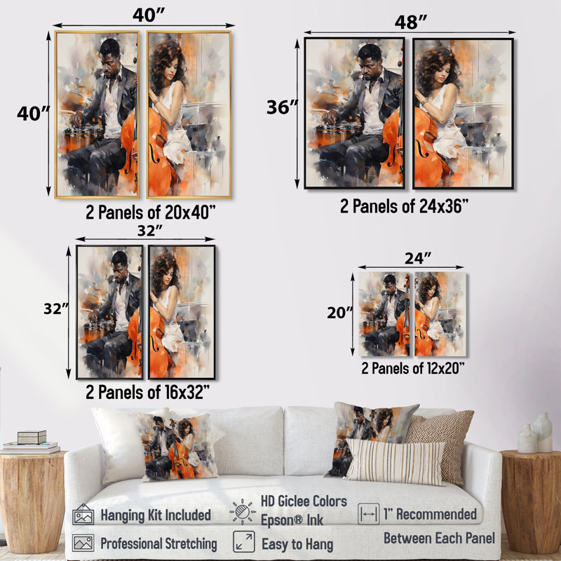 Orange noir musique harmonieuse Duo II - impressions sur toile orange, 20" H x 24" W, Impression encadrée flottante, Black