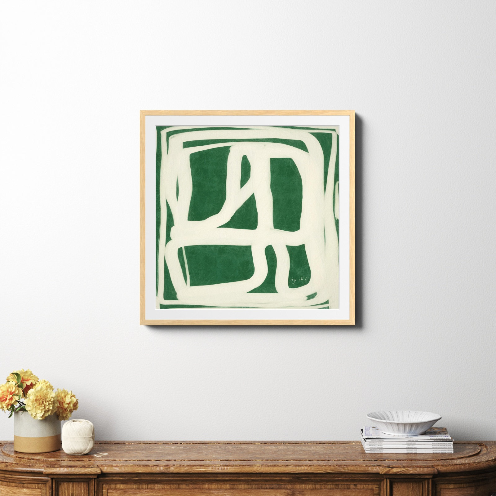 Green White Movement Painting by Ivy and I, 30" H x 30" W x 0.75" D, Natural Framed Paper, Yes