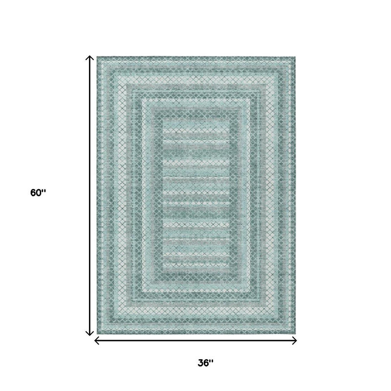 3' X 5' Teal Blue And Ivory Geometric Washable Indoor Outdoor Area Rug