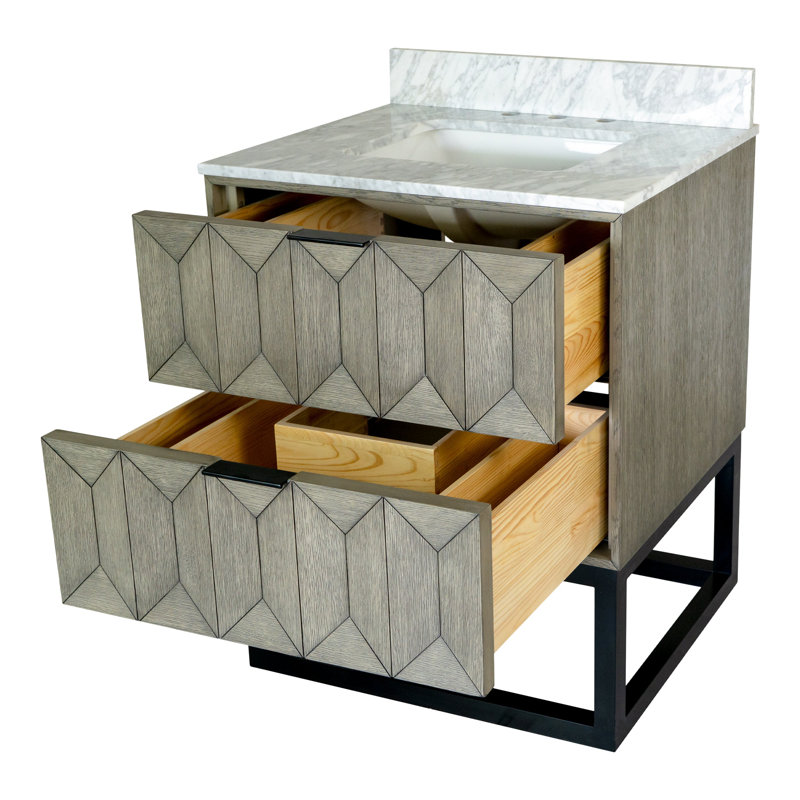 Carlet 30'' Single Bathroom Vanity with Carrara Marble Top, Gray Oak