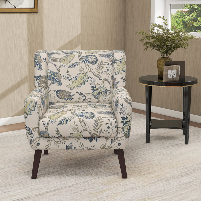 Jaqueze Upholstered Pattern Leaf Linen Blend Tufted Wide Back Armchair with Solid Wood Leg