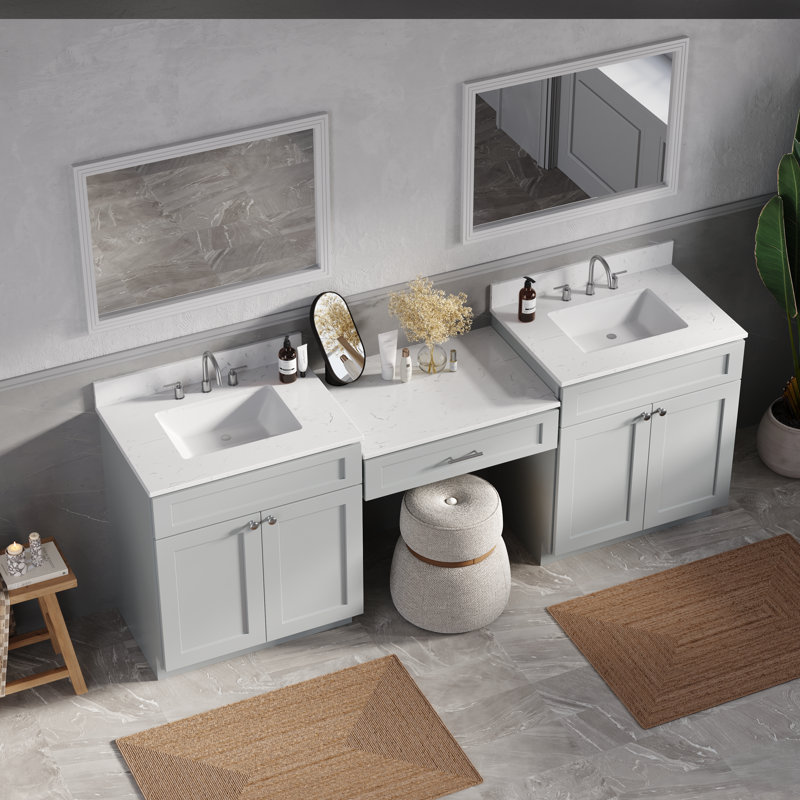  Meuble-lavabo double 91 po avec comptoir en quartz 91 po, Gris