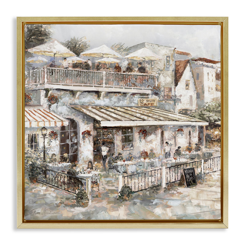  "Town Café", art mural encadré sur toile flottante par Ruane Manning, H 25 po x l 25 po, Cadre flottant métallique doré