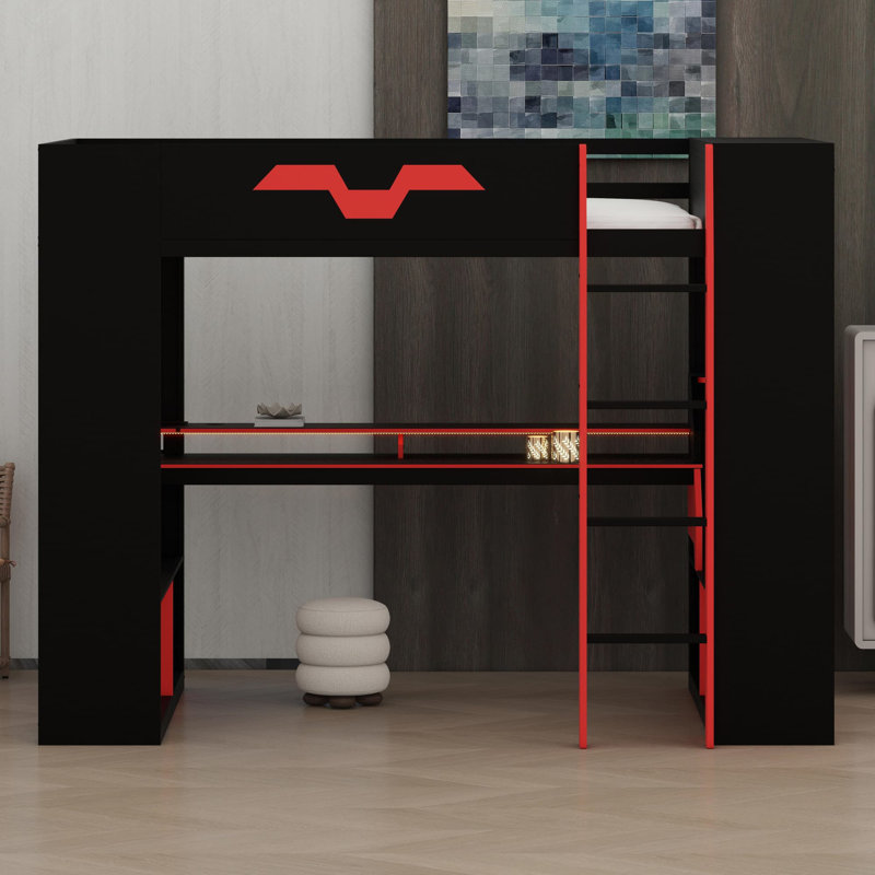 Lit mezzanine moderne avec concentrateur électrique intégré, charge multi-ports et éclairage ambiant personnalisable, Red