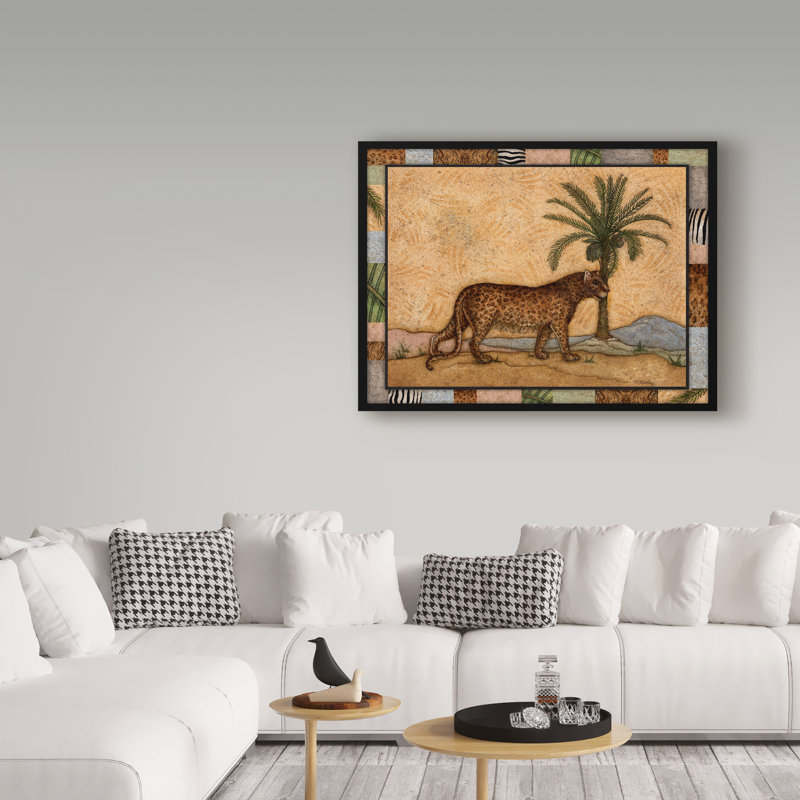 Leopard and Palm Tree Framed Canvas Art in Beige and Brown