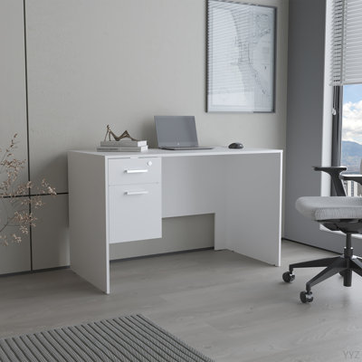 Bureau moderne avec deux tiroirs et rangement latéral, poste de travail d'ordinateur compact pour bureau à domicile ou salle d'étude, blanc
