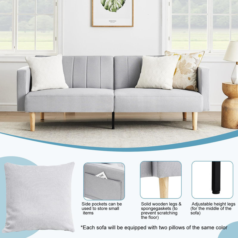 Abdulkadyr 78.74'' Upholstered Tight Back Convertible Sofa, Light Gray 100% Linen