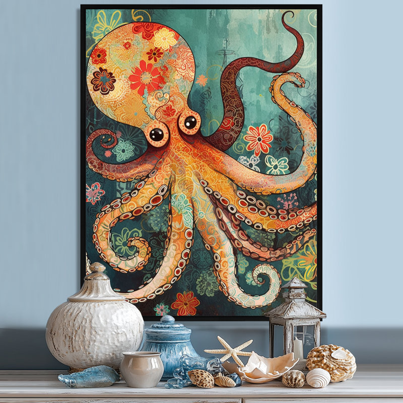 «Flowerful Octopus Deep Sea Boho Vintage», art mural poulpe / calmar, Toile flottante noire encadrée, H 32 po x l 16 po