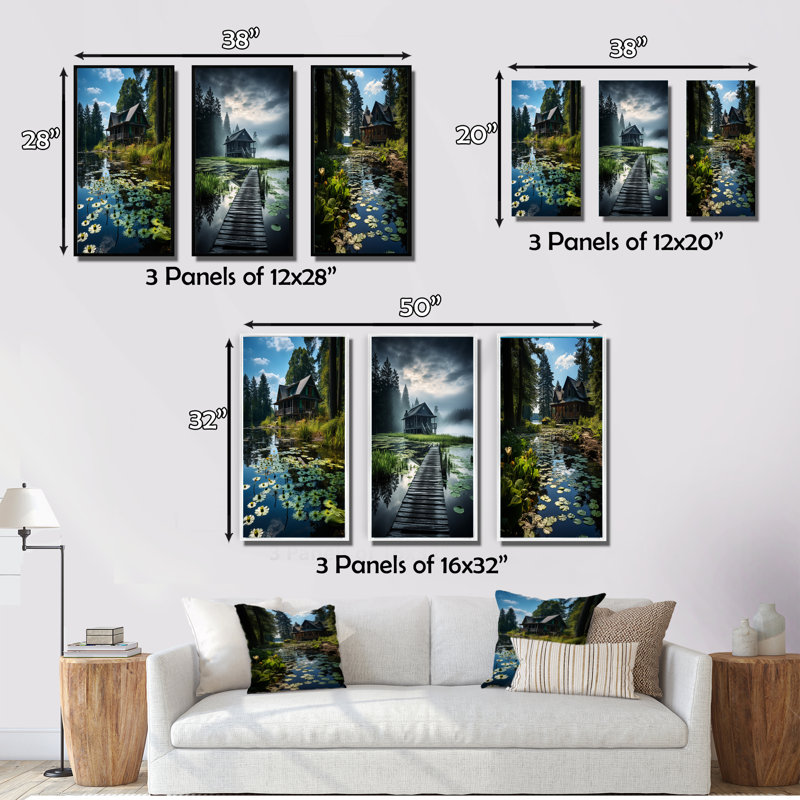 «Lakehouse Whispering Waters», 3 pièces sur toile, Encadrement doré, H 20 po x l 36 po