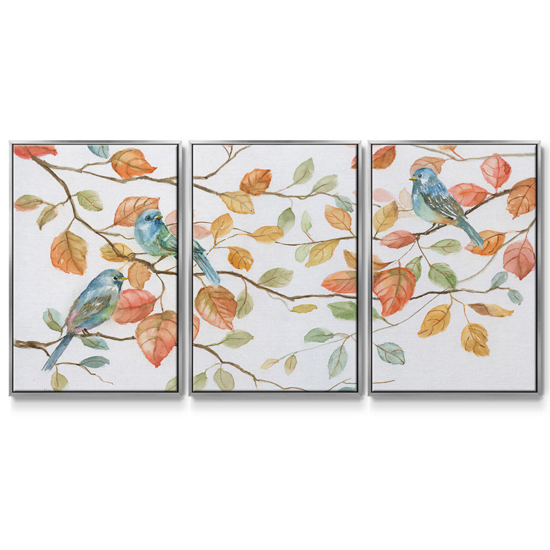 «Bird Trio», peinture sur toile 3 pièces, H 24 po x l 48 po, Encadrement argenté