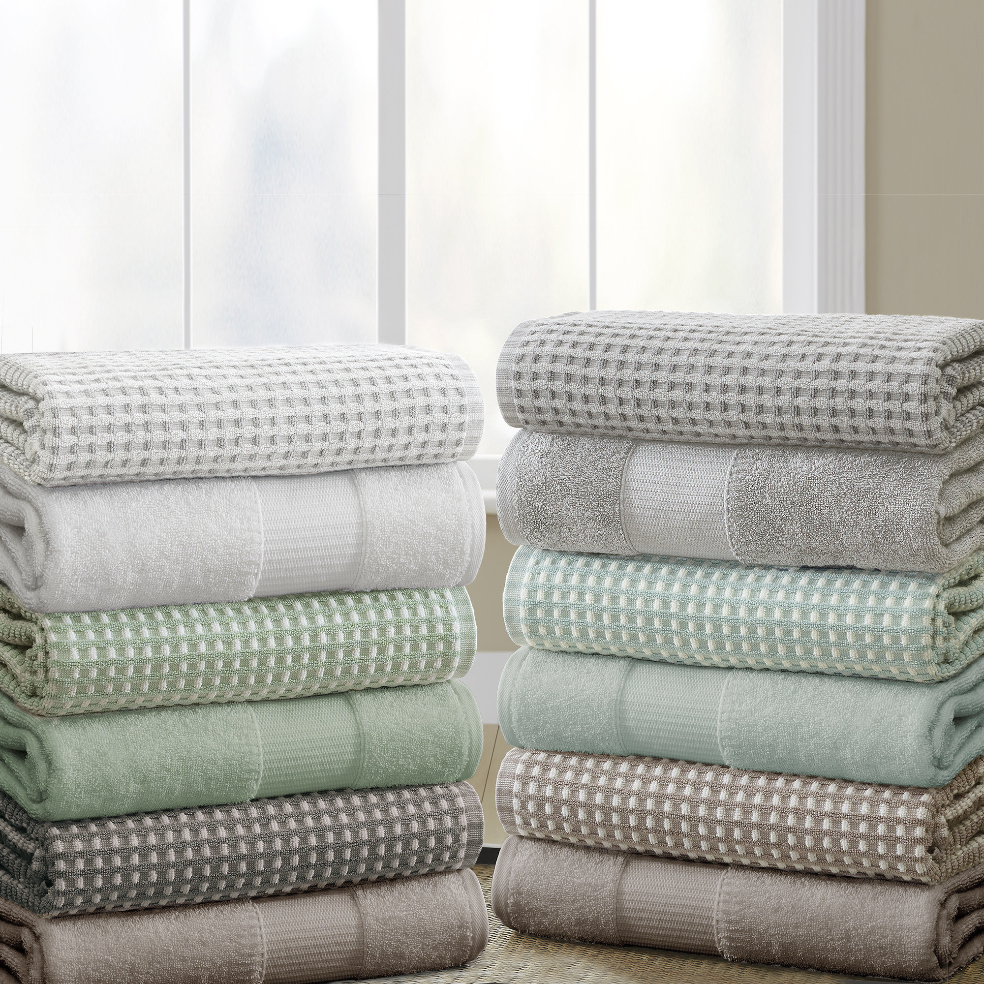 Modern Threads Drucilla 6-Piece 100% Combed Cotton Yarn Dyed Cobblestone Jacquard Towel Set, Mineral Green