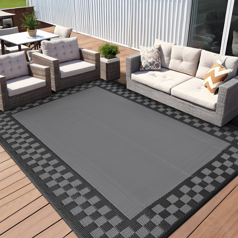 Reversible Outdoor Area Rug, 9' x 18', Waterproof Woven Plastic Straw with Geometric Border, Lightweight & Easy-Clean Design for Patio, Deck, Balcony or Beach